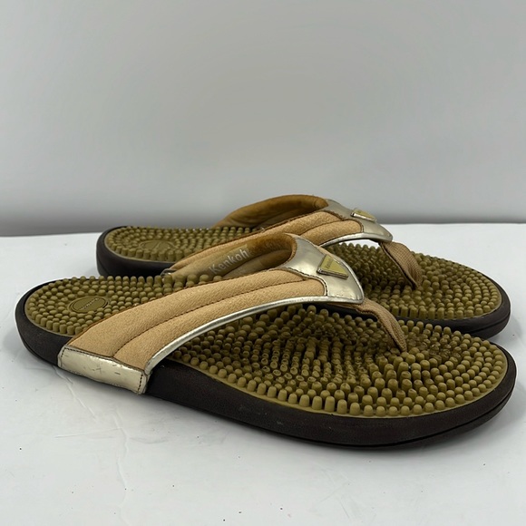 Kenkoh Shoes - Kenkoh Womens Shoes Sandals Spirit V Tan Gold Massage Thong Flip Flop 10/41